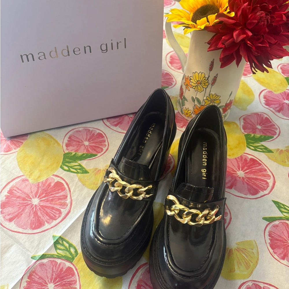 Madden Girl Black Platform Loafers with Gold Chain